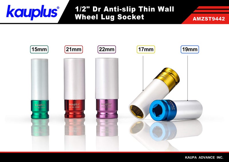 Kauplus 1/2-Inch Non Marring Wheel Protector Lug Nut Socket Set 5-Piece Anti-Slip Rounded Lug Bolt Socket â€“ Thin Walled Impact Wheel Lug Nut Socket -6 Point Metric 15MM -22MM - Image 2